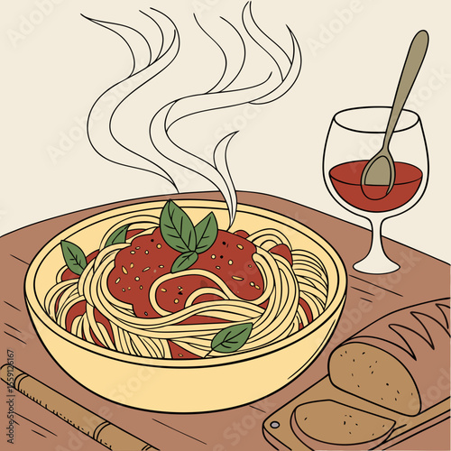 Steaming spaghetti with red sauce and basil in bowl with wine and bread pasta italian food
