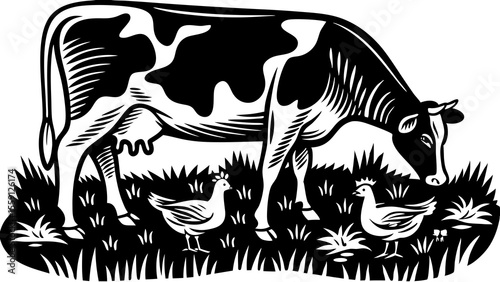 Black and white illustration of a cow grazing in a field with two chickens in the grass near the cow