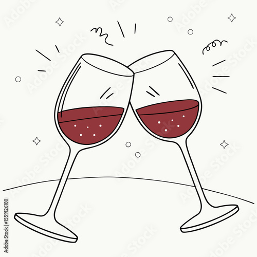 Two red wine glasses clinking together with celebratory sparkles and swirls celebration toast