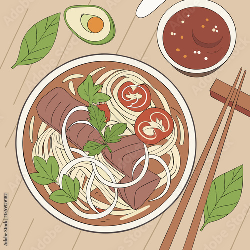 Vietnamese noodle soup with beef and herbs noodles broth
