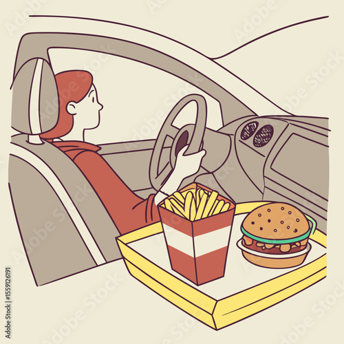 Woman driving car with fast food meal steering wheel