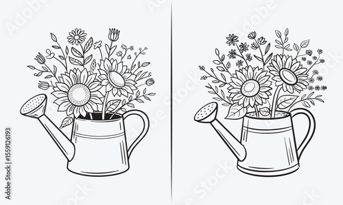 Black and White Watering Can with Sunflowers and Wildflowers for Floral Art Prints, Tattoos, or Home Decor