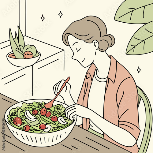 Woman eating fresh green salad with tomatoes and lettuce vector