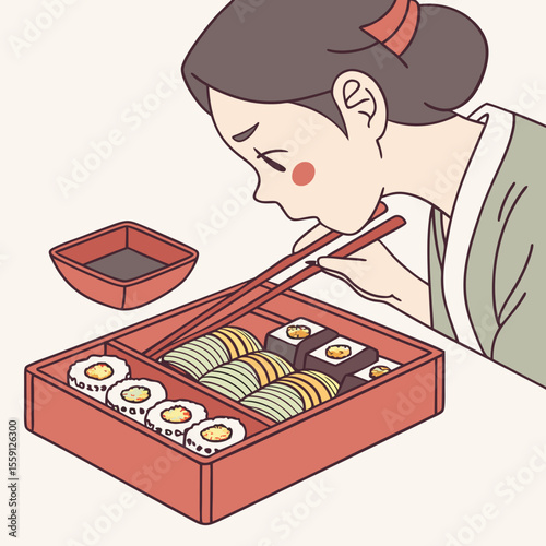 Young woman eating sushi from bento box chopsticks dipping sauce