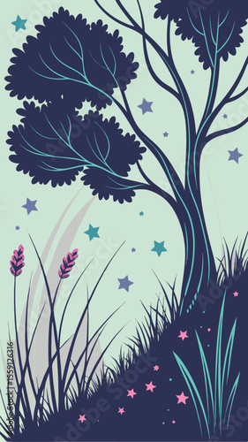 Cosmic Dreamscape A Swirling Abstract Tree and Starry Night Wallpaper