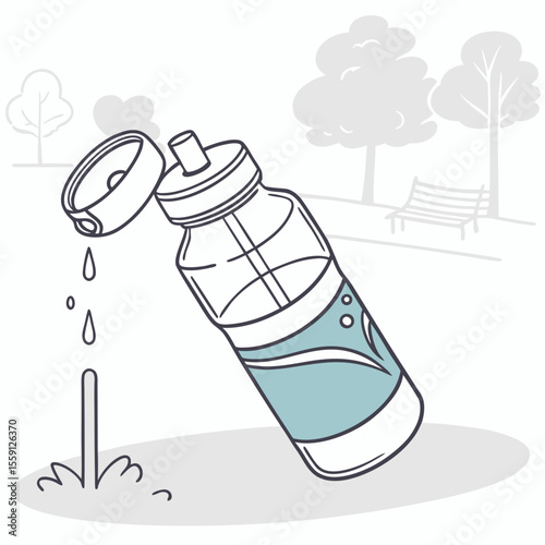 Blue water bottle spilling liquid outdoors park scene vector