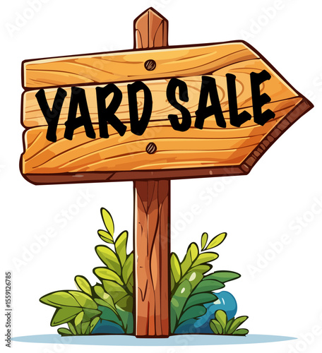 Wooden Yard Sale directional sign cartoon illustration, isolated 