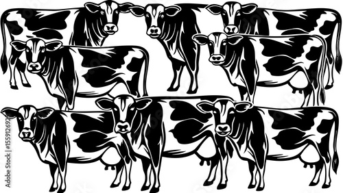 Illustration showing a group of black and white dairy cows standing together in a clustered composition