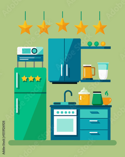 A household kitchen equipped with Energy Star certified appliances maximizing efficiency and reducing energy consumption.. Vector illustration