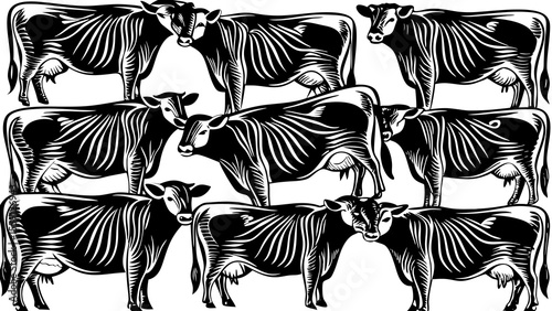 Illustration of a group of dairy cows in black and white with detailed line work and varying perspectives