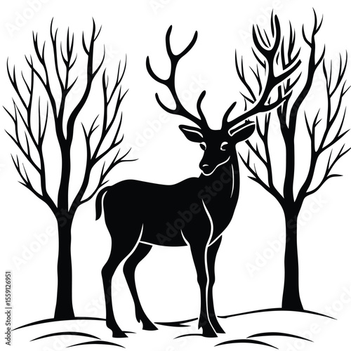 Majestic Deer Silhouette in Winter Forest Elegant Vector Illustration