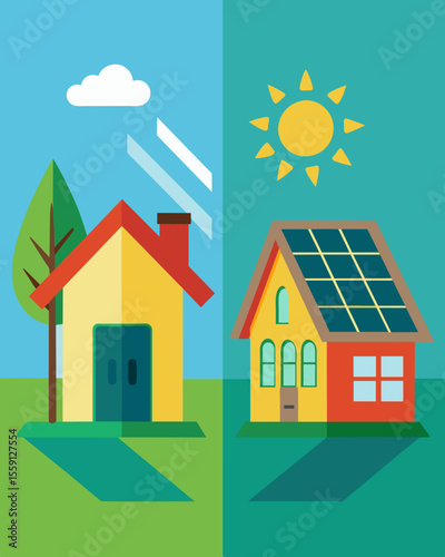 A before and after image of a house with solar panels installed highlighting the transformation and impact on reducing carbon footprint.. Vector illustration
