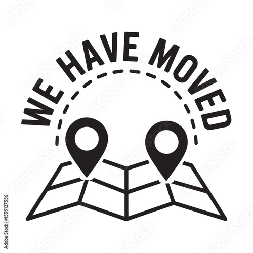 Vector icon for a "We Have Moved" announcement with a map and location pins.