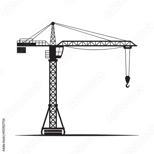 Monochrome vector illustration of a construction tower crane used for building development.