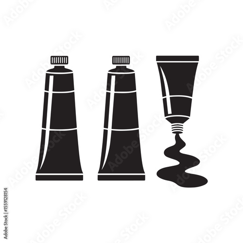 Vector icon set of paint tubes, including one with paint being squeezed out.