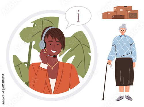 Customer support agent with headset providing assistance, elderly woman with cane, stack of boxes. Ideal for customer service, communication, elderly support, logistics, caregiving, technology