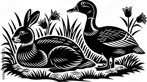 Illustration of a duck and a rabbit among grass and flowers in a black and white design style