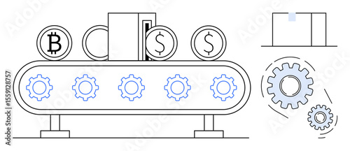 Conveyor belt moving Bitcoin and dollar coins, cogs driving mechanisms. Ideal for automation, technology, currency, transactions, economy, blockchain workflow. Clean simple flat metaphor
