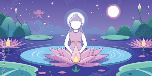 Serene Figure Meditating on a Lotus Flower at Night