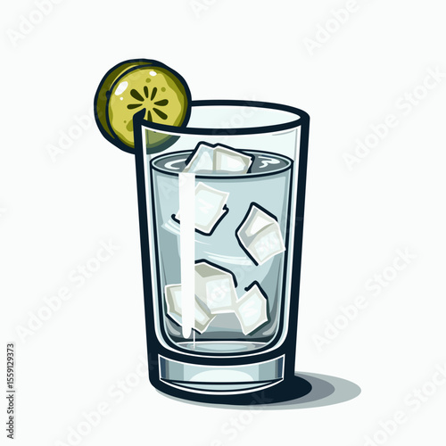 Refreshing Gin and Tonic Cocktail Illustration with Ice Cubes and Lime Slice Garnish on White Background