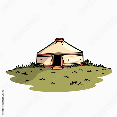 Illustration of a Traditional Yurt Tent on a Green Hillside with Simple Cartoon Style
