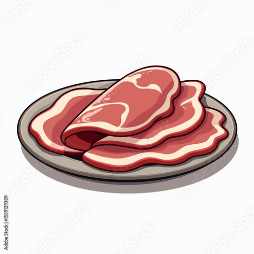 Illustration of Sliced Ham on a Plate, Cartoon Style, Food Presentation