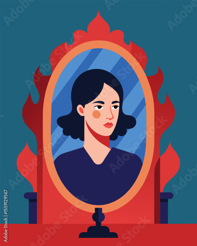 The mirror in a narcissistic influencers home reflected a carefully curated image hiding the true face behind the facade of perfection.. Vector illustration