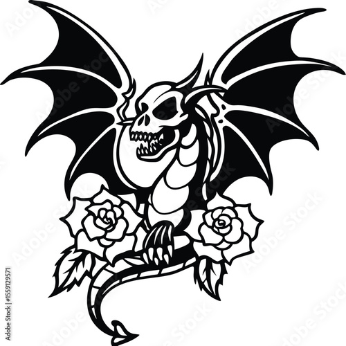 Gothic Skull with Winged Dragon and Roses Black and White Tattoo Design