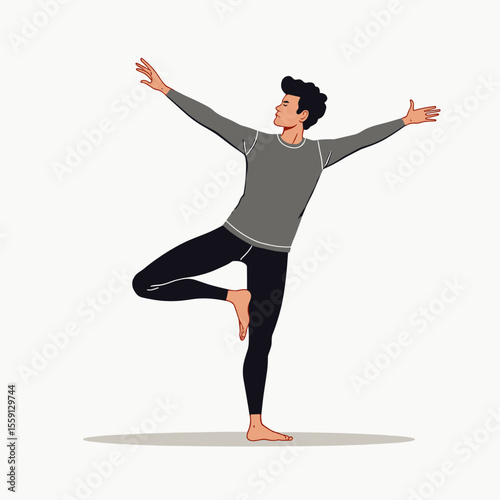 Man Practicing Yoga Tree Pose in Gray and Black Athletic Wear, Vector Illustration