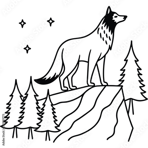 Majestic Wolf Silhouette on Mountaintop Nighttime Wilderness Illustration