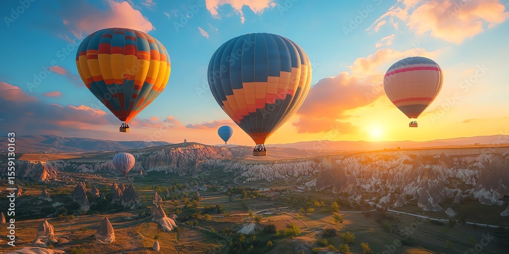 Fototapeta premium Colorful Hot Air Balloons Floating Over Scenic Landscape During Sunset