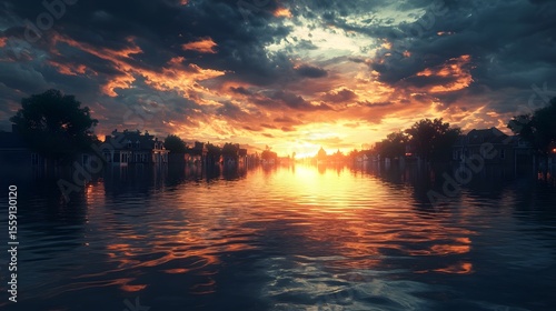 Floodwaters reflecting the dramatic sunset over a submerged city skyline