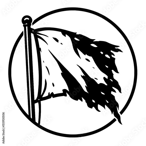 Tattered Black and White Flag in Circle Icon Vector - Distressed Symbol for Design