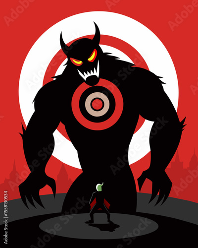 The menacing presence of a shadow bully with their target shrinking under the weight of their shadow.. Vector illustration