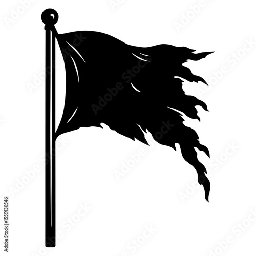 Solid Black Vector Silhouette of a Tattered and Distressed Waving Flag - Grunge Banner Element