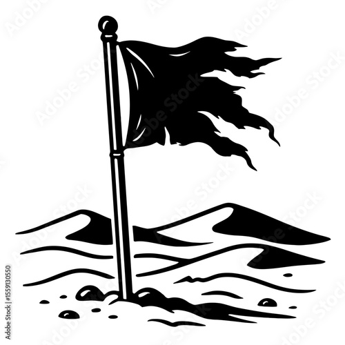 Black and White Vector of a Tattered Flag in Desert Dunes - Desolate and Arid Landscape Illustration