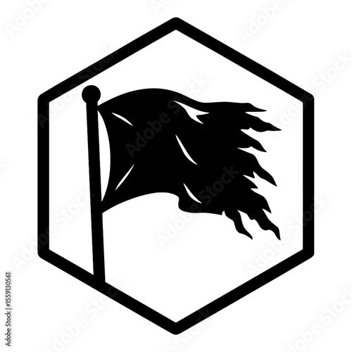 Tattered Black Flag within Hexagon Icon Vector - Distressed Symbol for Gaming or Modern Design