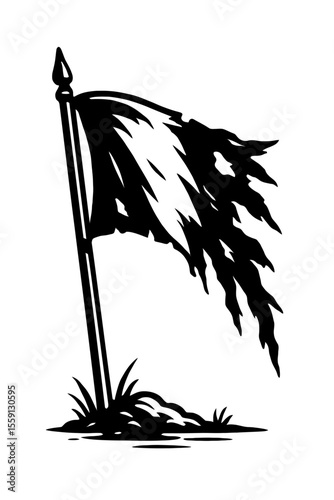 Distressed Black and White Tattered Flag on Ground Vector - Worn and Weathered Banner Illustration
