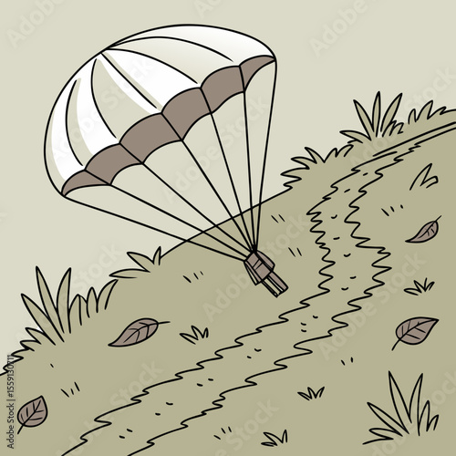 Parachute descending over grassy terrain with fallen leaves canopy lines