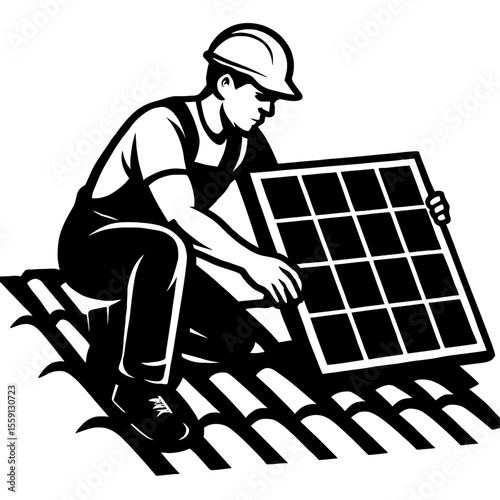 Worker Installing Solar Panel on Rooftop Vector Illustration - Black and White Design for Renewable Energy, Sustainable Technology, or Green Industry Concepts