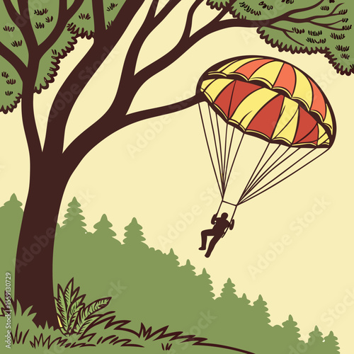 Parachute jumper caught in tree branches vector