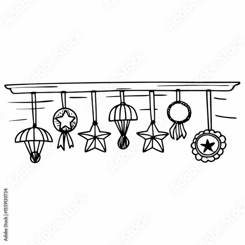 Parachutes and stars hanging from a bar award medal