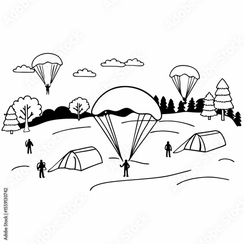 Parachutists landing near tents in a forest parachuting skydiving