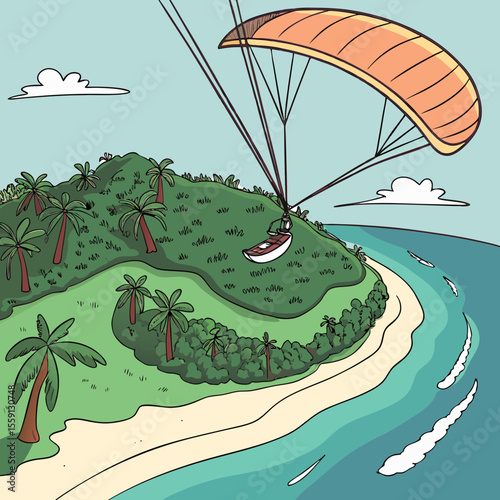 Paraglider above lush green island with turquoise water and sandy beach paragliding tropical