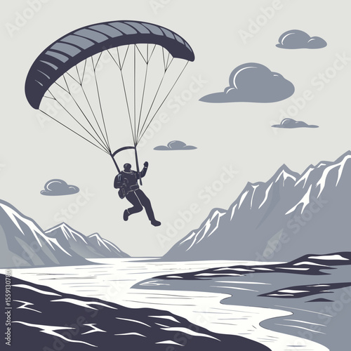 Paraglider soaring over glacial river and mountains paragliding skydiving