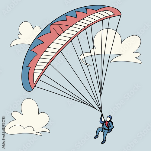 Paraglider wing with lines and person in blue suit flying through clouds vector