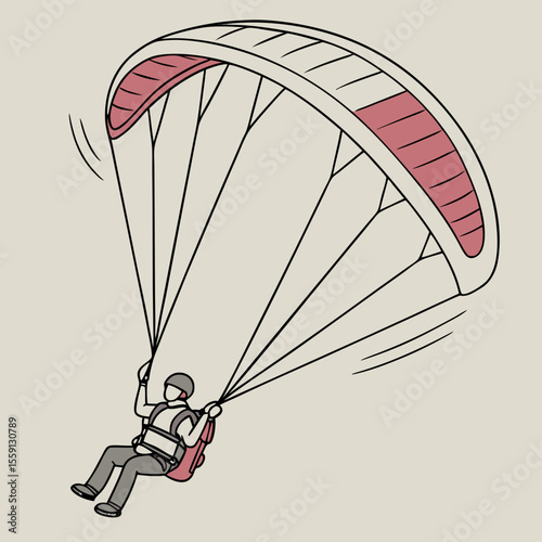 Paraglider soaring with pink and white canopy paragliding pilot