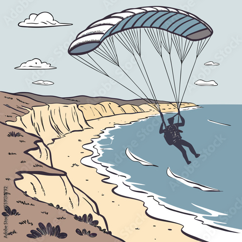 Paraglider soaring over coastal cliffs and ocean waves parachute coastline