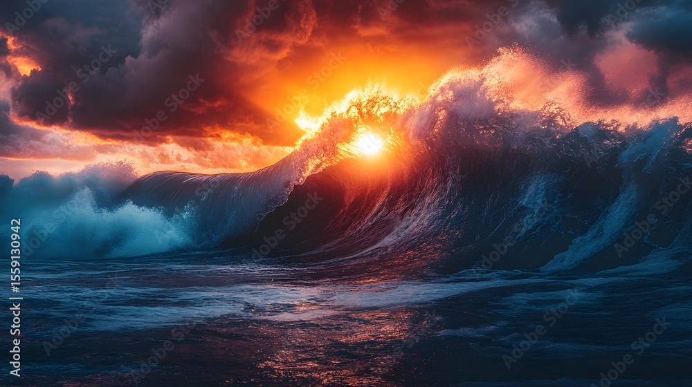 Fototapeta premium Massive tsunami wave crashing onto the coastline with vibrant colors and dramatic lighting