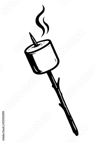 Toasting Marshmallow on a Stick Vector Illustration - Black and White Design for Camping, Bonfire, Sweet Treats, or Outdoor Activities